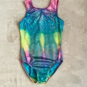 Destira Child Large leotard.  Rainbow Tye Dye Shimmer w/crystal detailing. EUC.